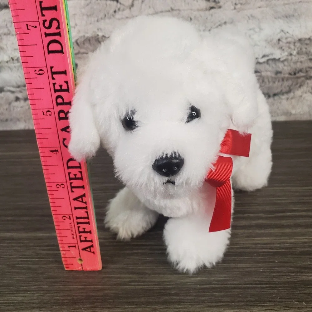 Standing White Puppy Dog Plush Wearing Red‎ Satin Bow 7